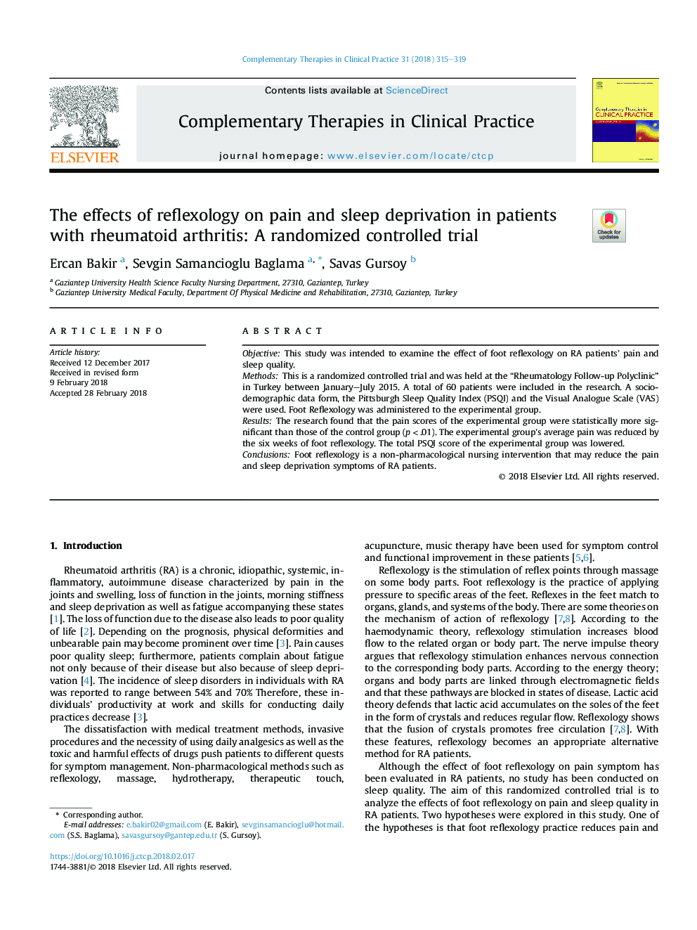 The effects of reflexology on pain and sleep deprivation in patients with rheumatoid arthritis: A randomized controlled trial