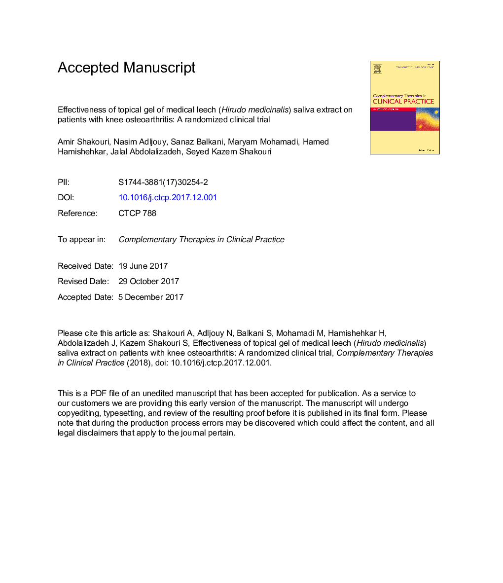 Effectiveness of topical gel of medical leech (Hirudo medicinalis) saliva extract on patients with knee osteoarthritis: A randomized clinical trial