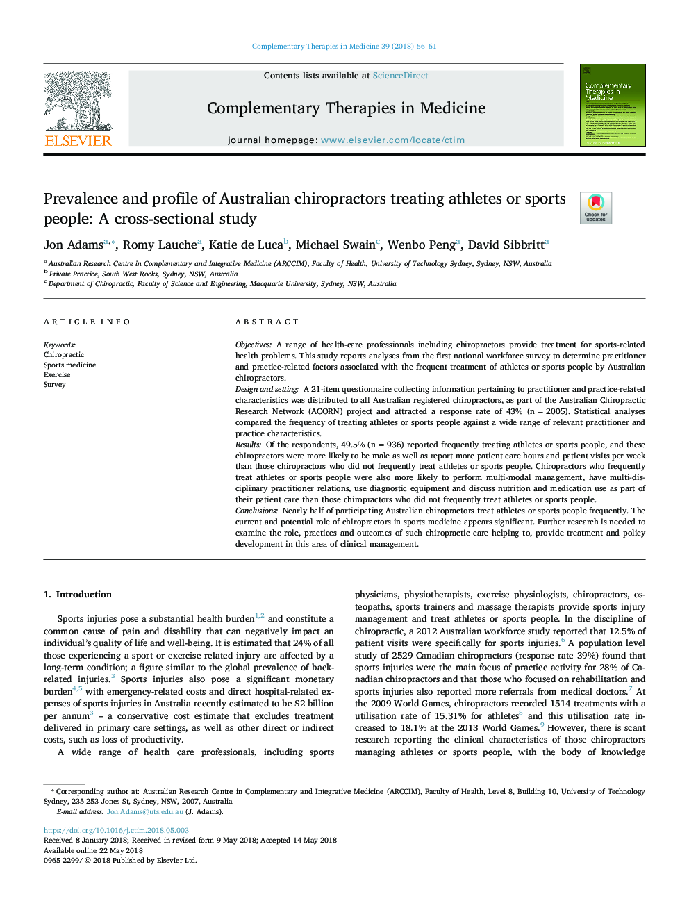 شیوع و ویرایش کیروپراکتیان استرالیا در درمان ورزشکاران یا افراد ورزشی: یک مطالعه مقطعی 