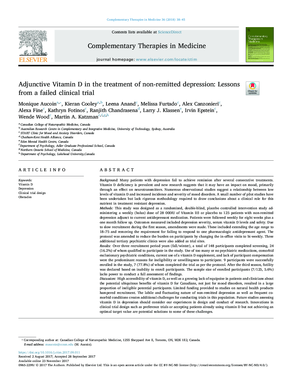 Adjunctive Vitamin D in the treatment of non-remitted depression: Lessons from a failed clinical trial