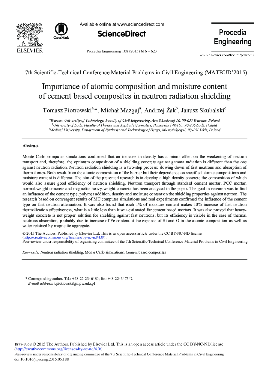 Importance of Atomic Composition and Moisture Content of Cement based Composites in Neutron Radiation Shielding 