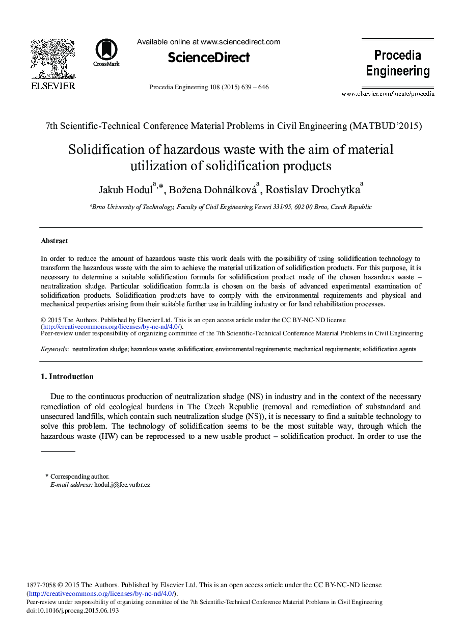 Solidification of Hazardous Waste with the Aim of Material Utilization of Solidification Products 