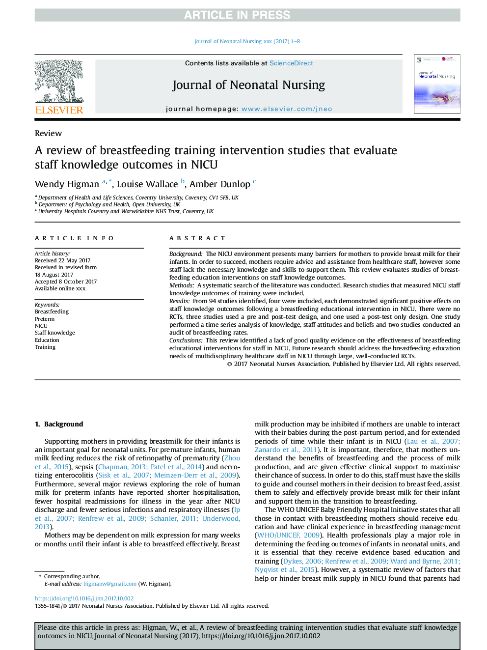 A review of breastfeeding training intervention studies that evaluate staff knowledge outcomes in NICU