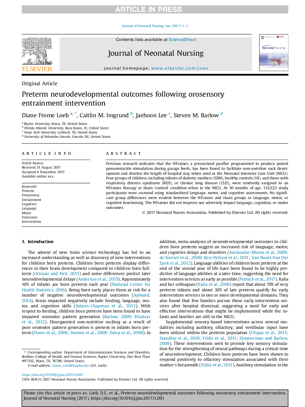 Preterm neurodevelopmental outcomes following orosensory entrainment intervention