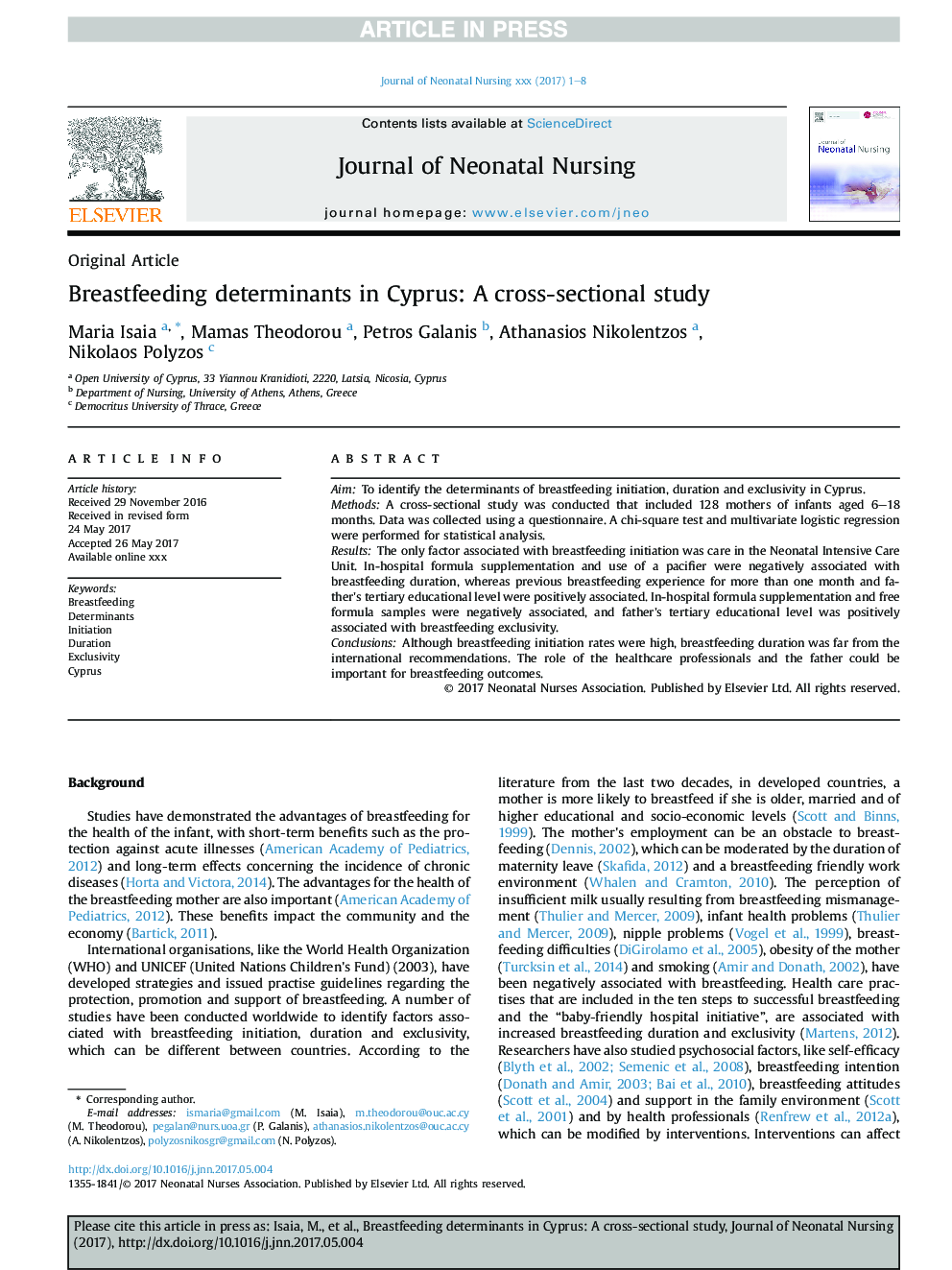 Breastfeeding determinants in Cyprus: A cross-sectional study