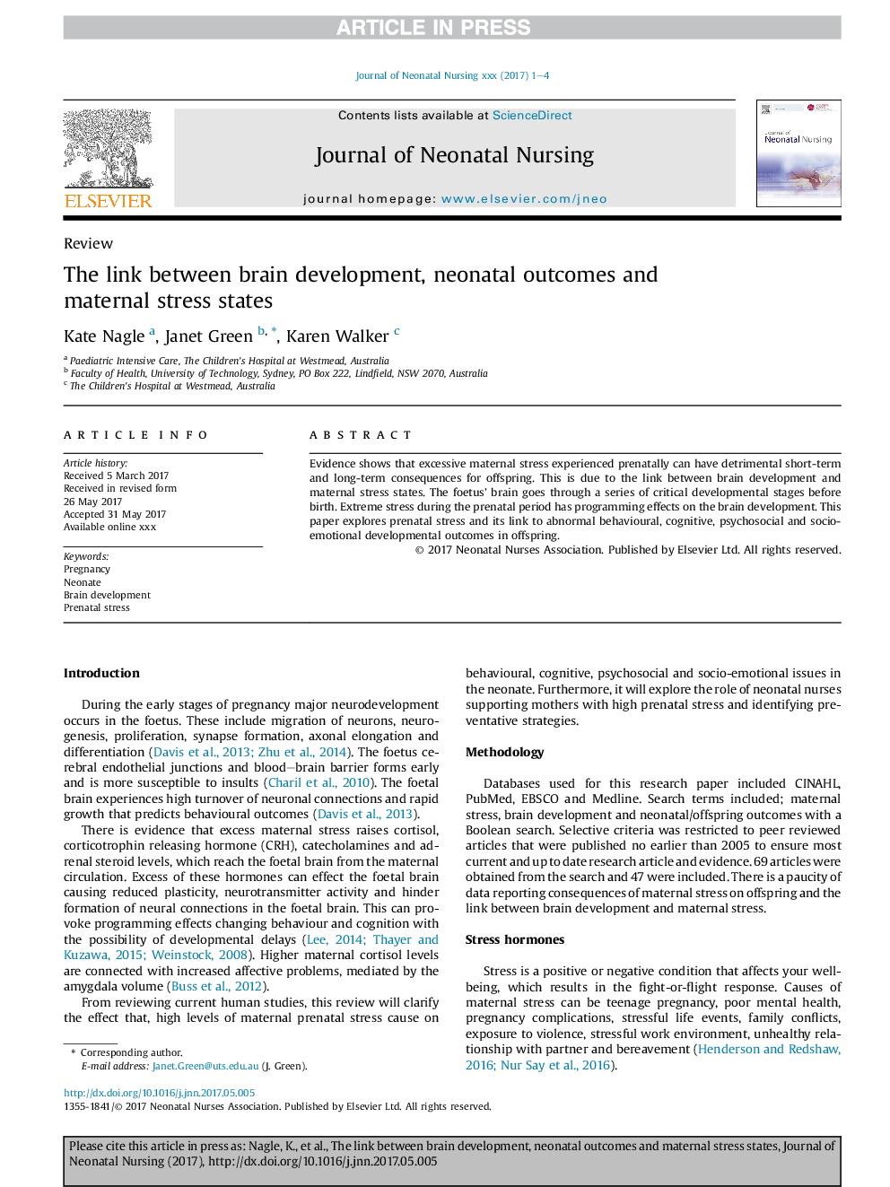 The link between brain development, neonatal outcomes and maternal stress states