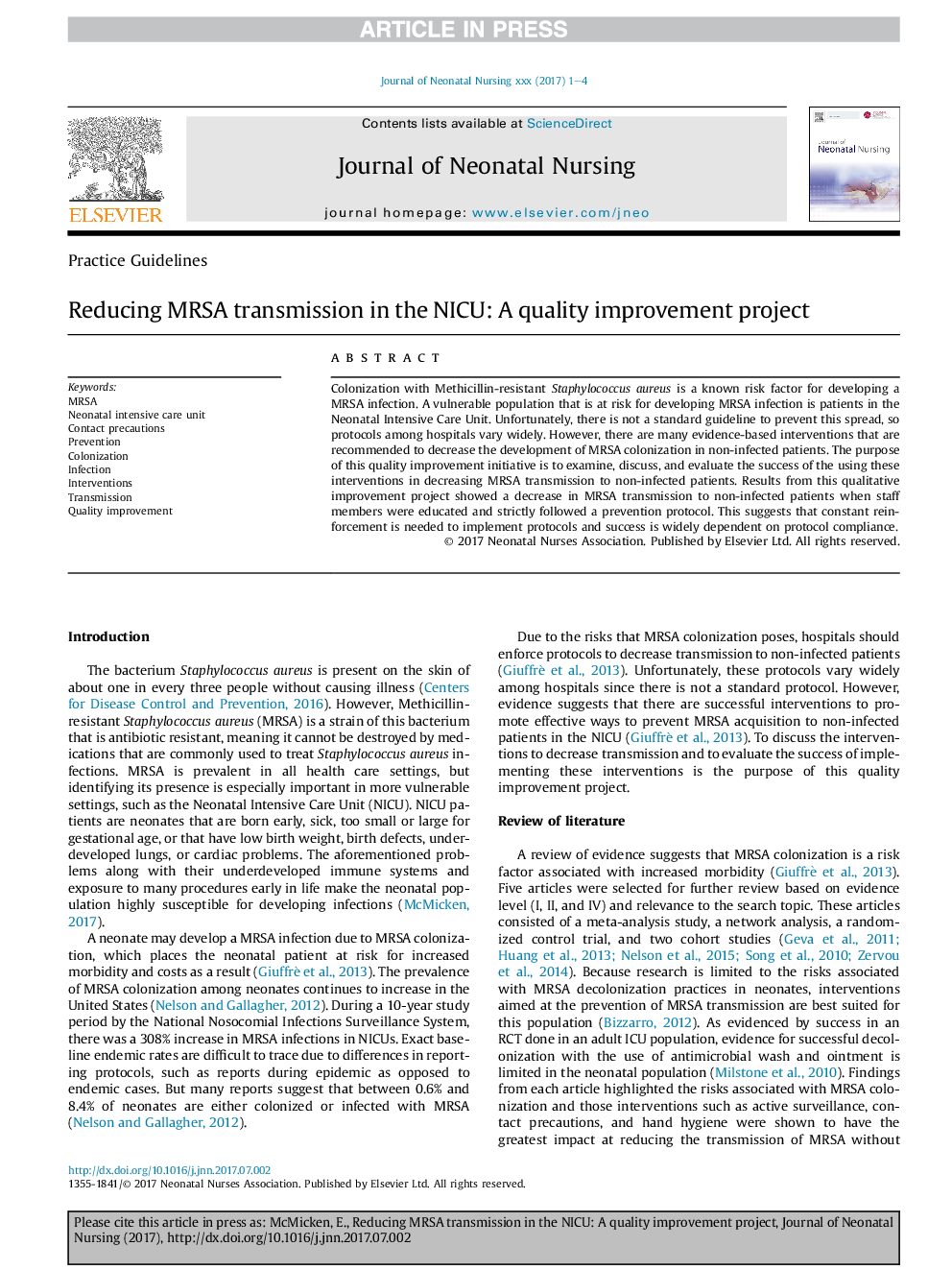 Reducing MRSA transmission in the NICU: A quality improvement project