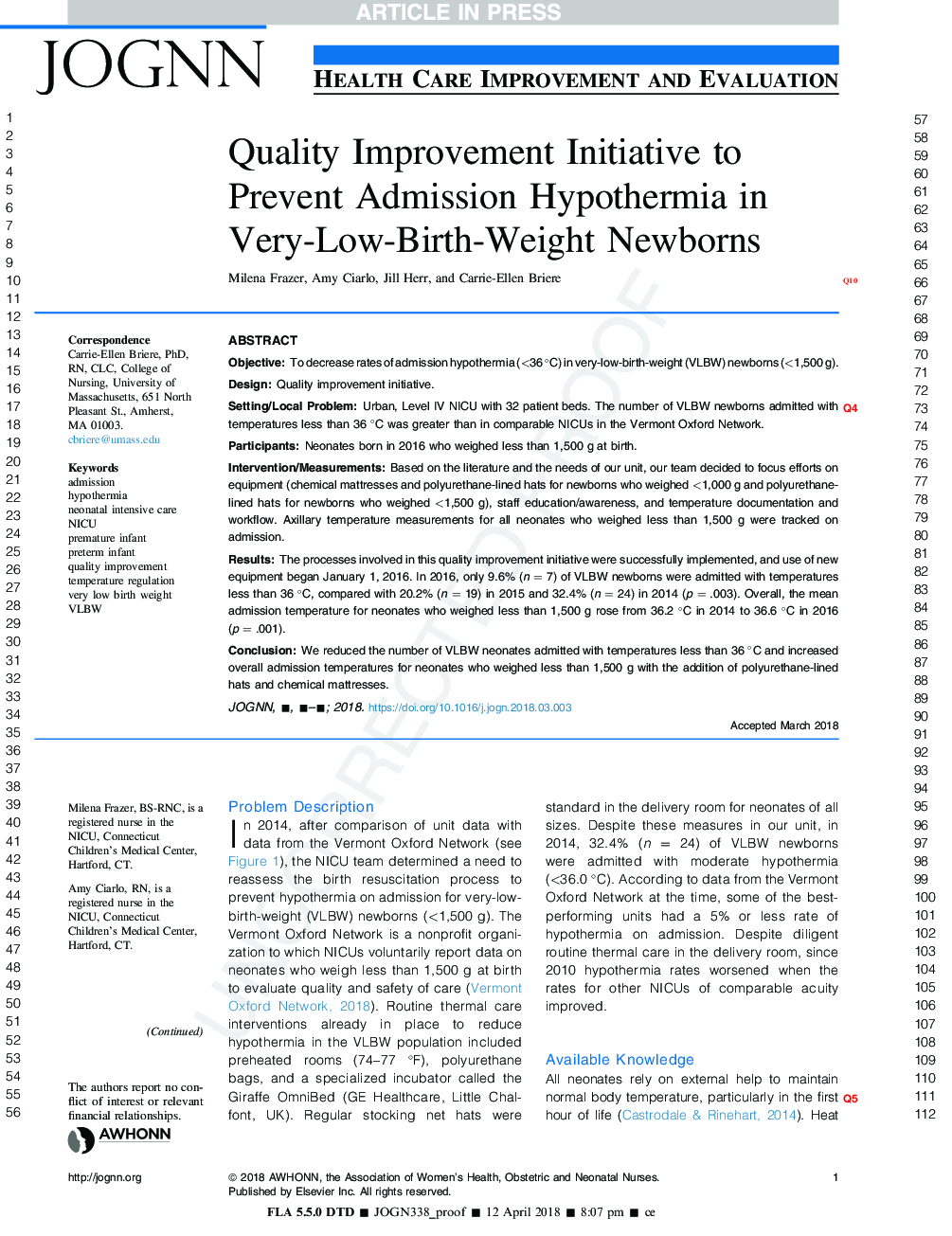 Quality Improvement Initiative to Prevent Admission Hypothermia in Very-Low-Birth-Weight Newborns