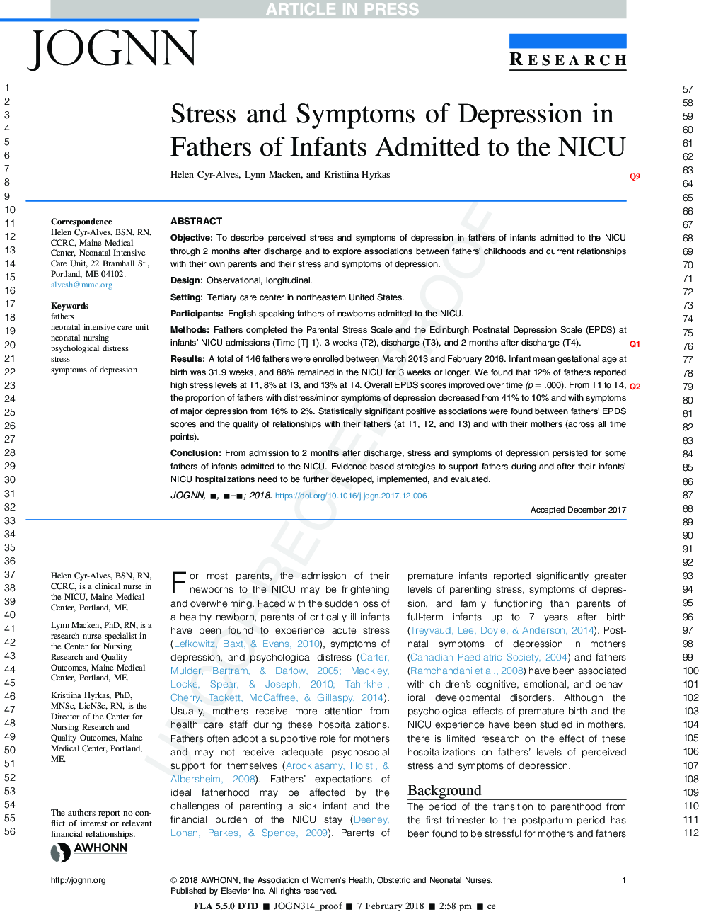 Stress and Symptoms of Depression in Fathers of Infants Admitted to the NICU