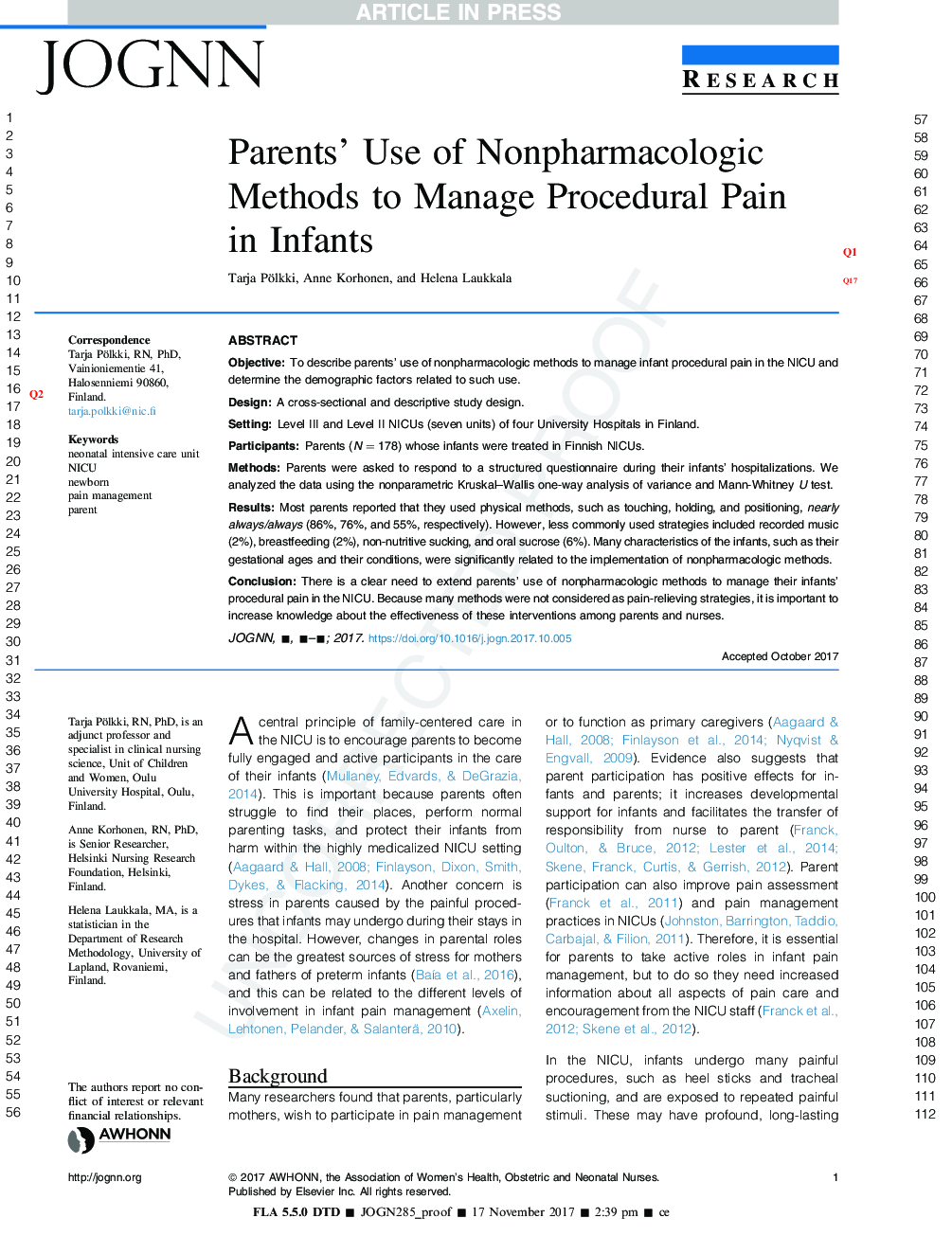 Parents' Use of Nonpharmacologic Methods to Manage Procedural Pain inÂ Infants