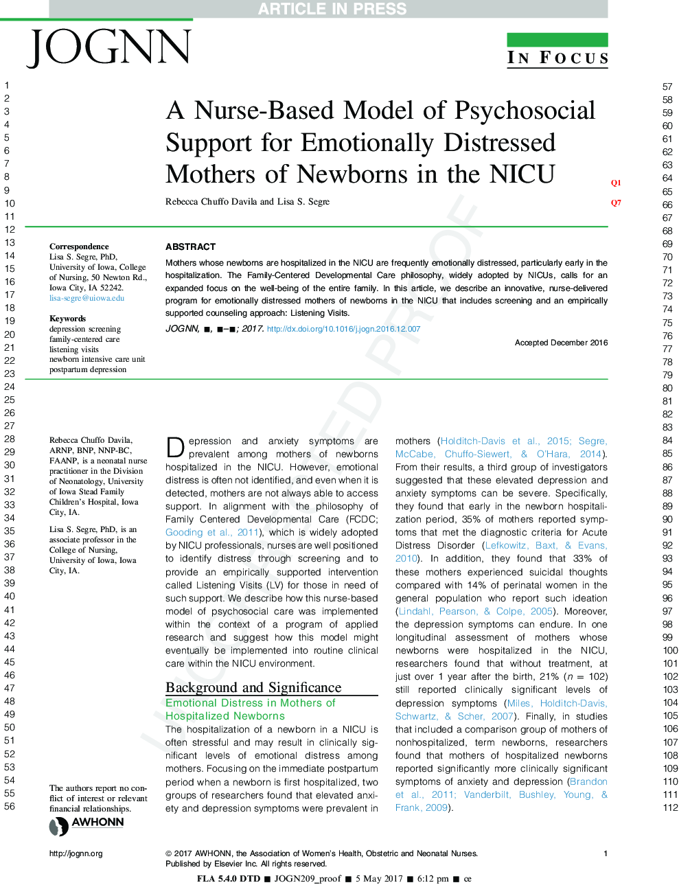 A Nurse-Based Model of Psychosocial Support for Emotionally Distressed Mothers of Infants in the NICU