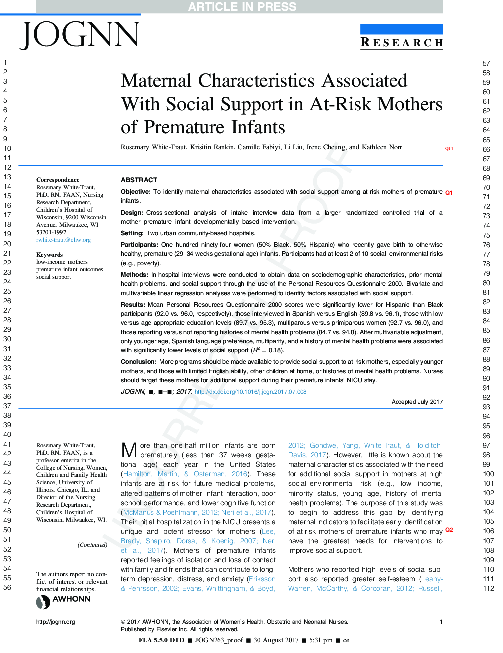 Maternal Characteristics Associated With Social Support in At-Risk Mothers of Premature Infants