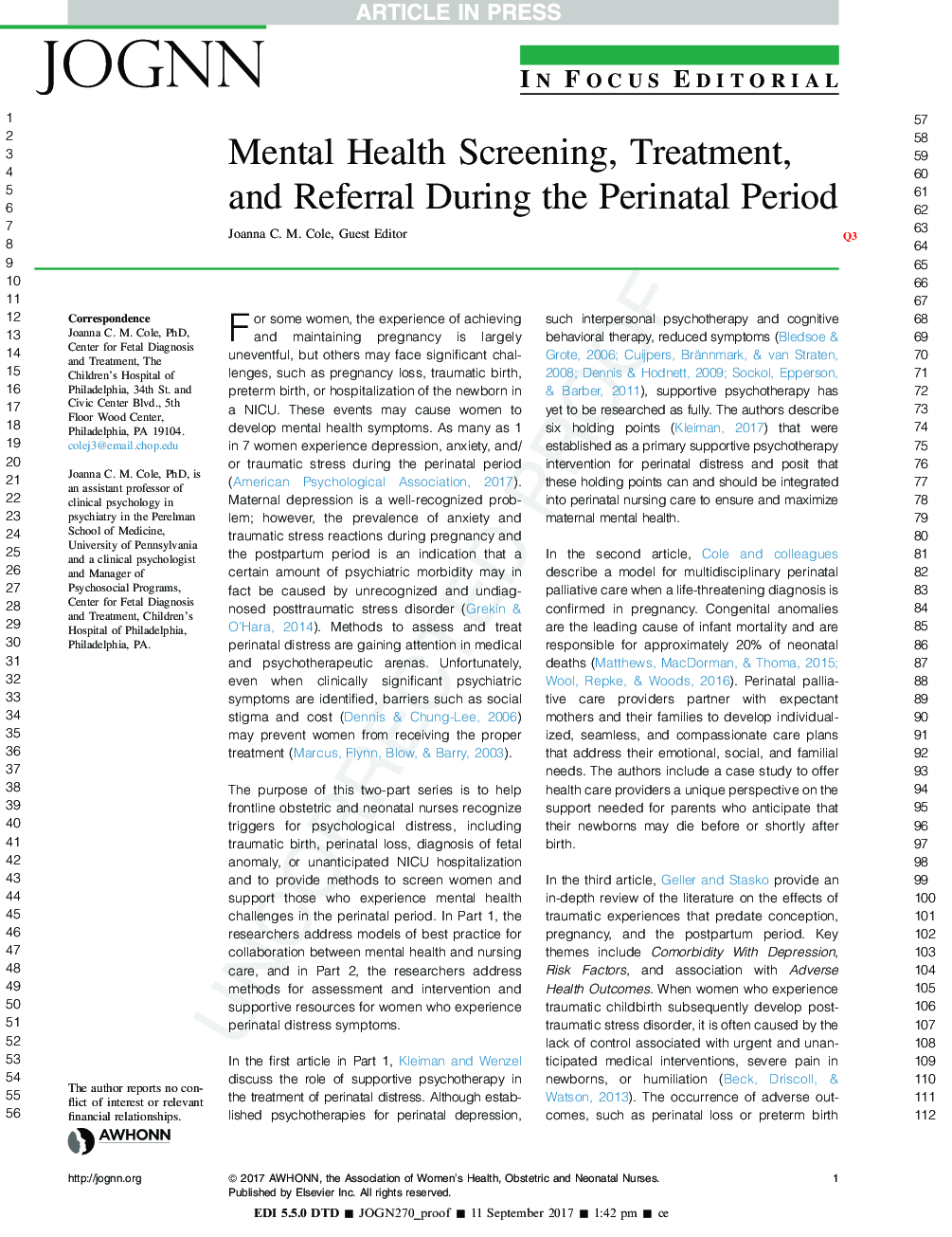 Mental Health Screening, Treatment, and Referral During the Perinatal Period