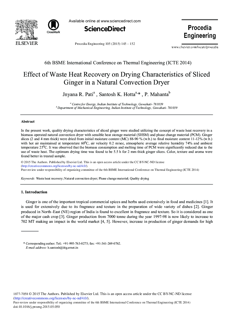 Effect of Waste Heat Recovery on Drying Characteristics of Sliced Ginger in a Natural Convection Dryer 