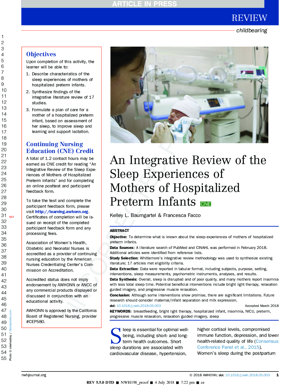 An Integrative Review of the Sleep Experiences of Mothers of Hospitalized Preterm Infants