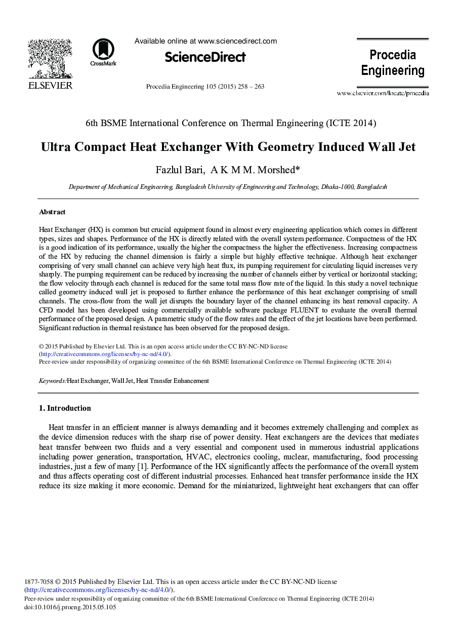 Ultra Compact Heat Exchanger With Geometry Induced Wall Jet 