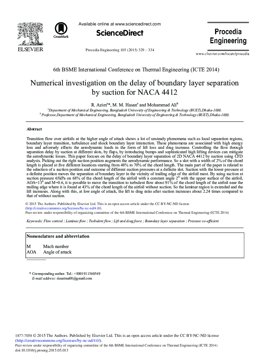 Numerical Investigation on the Delay of Boundary Layer Separation by Suction for NACA 4412 