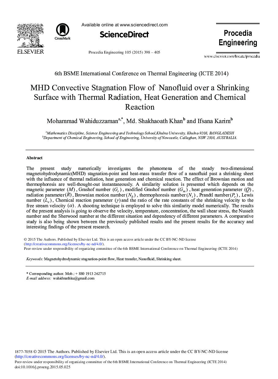 MHD Convective Stagnation Flow of Nanofluid over a Shrinking Surface with Thermal Radiation, Heat Generation and Chemical Reaction 