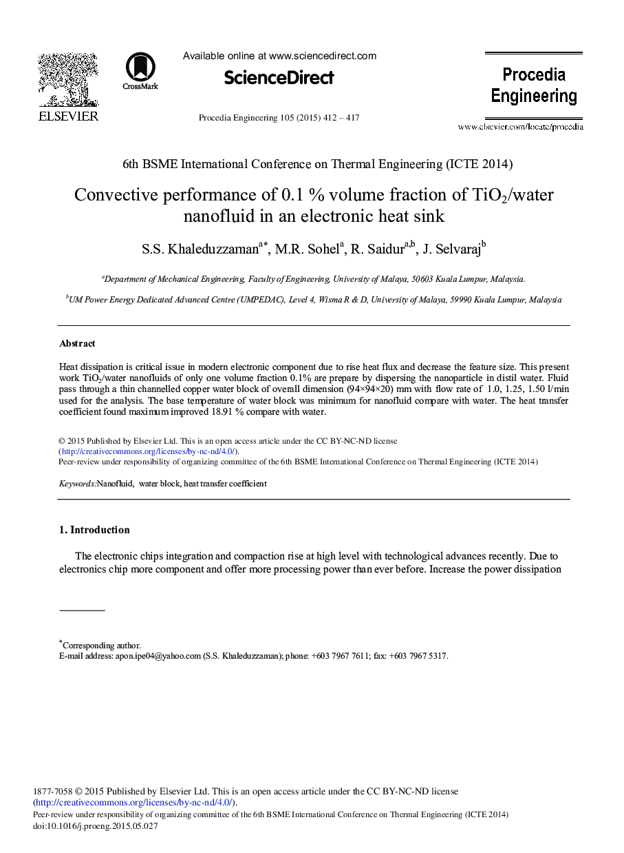 Convective Performance of 0.1% Volume Fraction of TiO2/water Nanofluid in an Electronic Heat Sink 