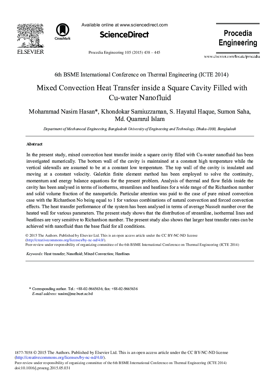 Mixed Convection Heat Transfer inside a Square Cavity Filled with Cu-water Nanofluid 