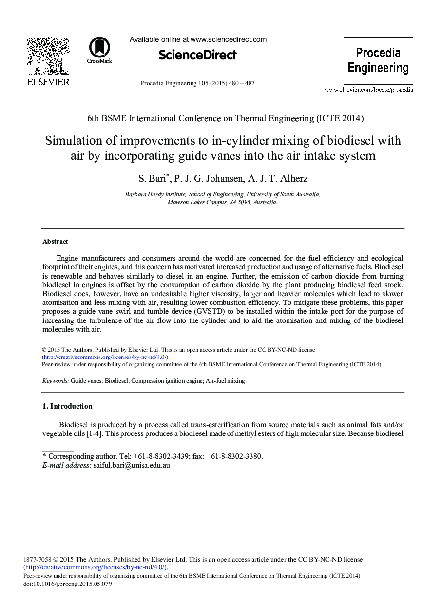 Simulation of Improvements to In-cylinder Mixing of Biodiesel with Air by Incorporating Guide Vanes into the Air Intake System 