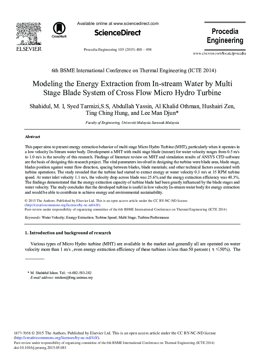 Modeling the Energy Extraction from In-stream Water by Multi Stage Blade System of Cross Flow Micro Hydro Turbine 
