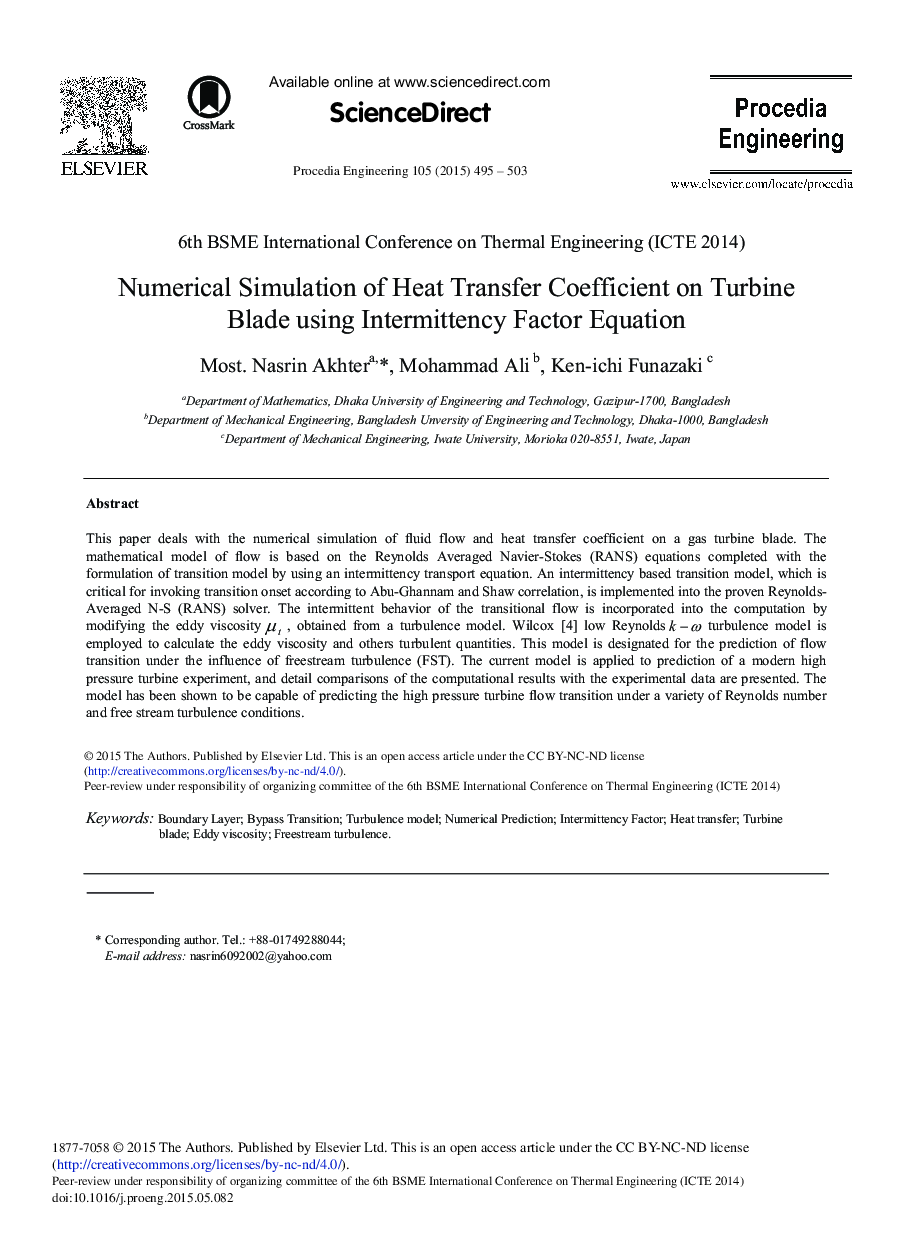 Numerical Simulation of Heat Transfer Coefficient on Turbine Blade using Intermittency Factor Equation 