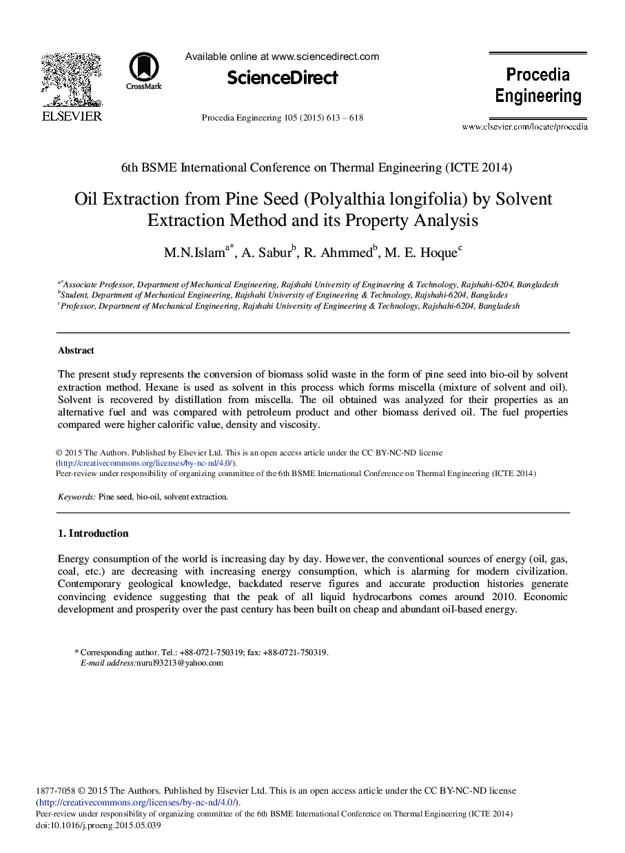 Oil Extraction from Pine Seed (Polyalthia longifolia) by Solvent Extraction Method and its Property Analysis 