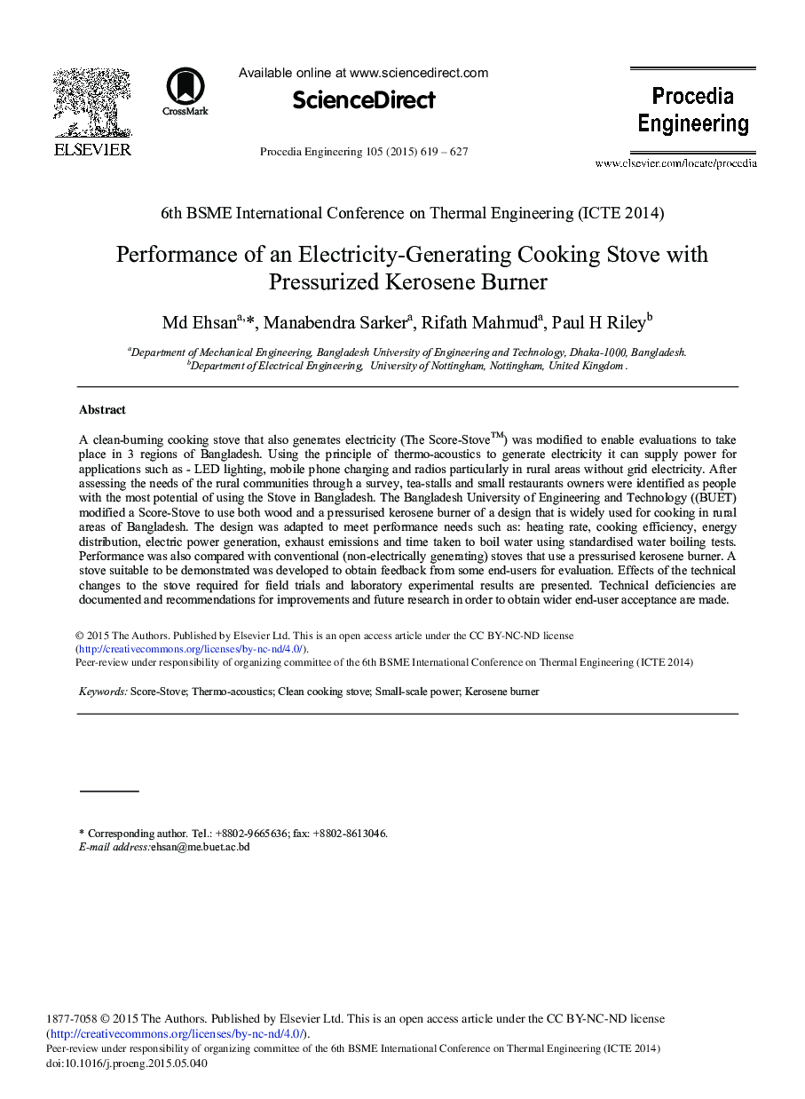 Performance of an Electricity-Generating Cooking Stove with Pressurized Kerosene Burner 