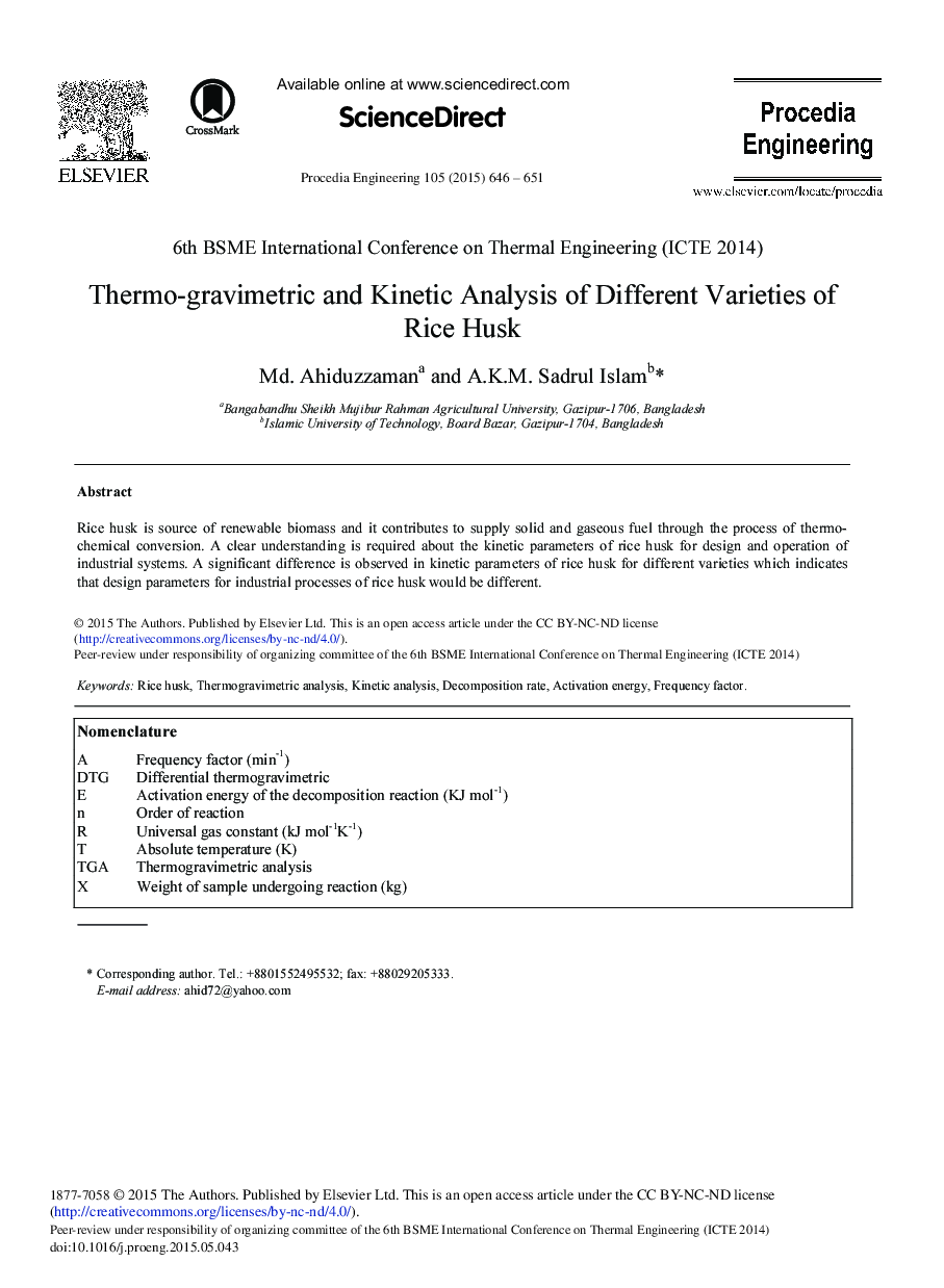 Thermo-gravimetric and Kinetic Analysis of Different Varieties of Rice Husk 