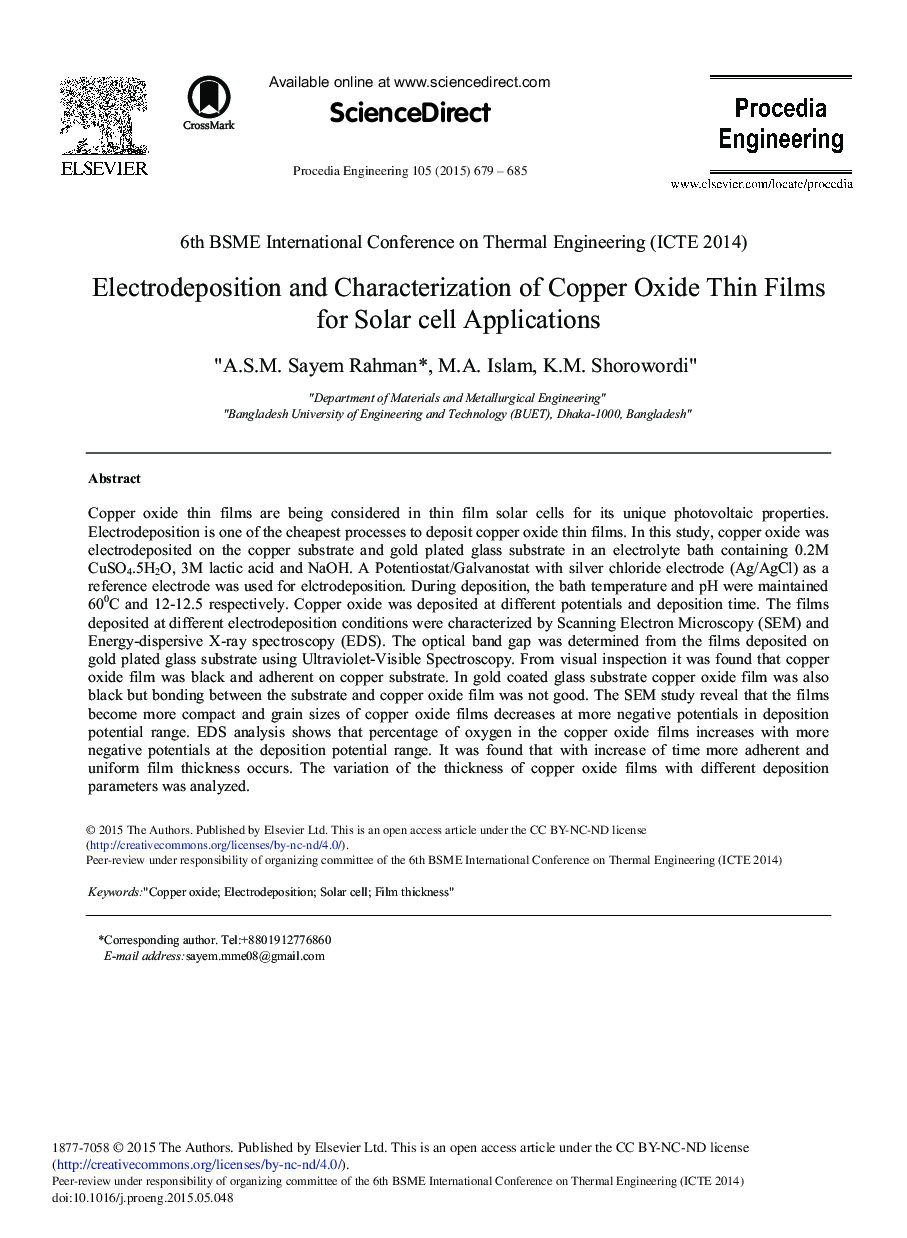 Electrodeposition and Characterization of Copper Oxide Thin Films for Solar cell Applications 