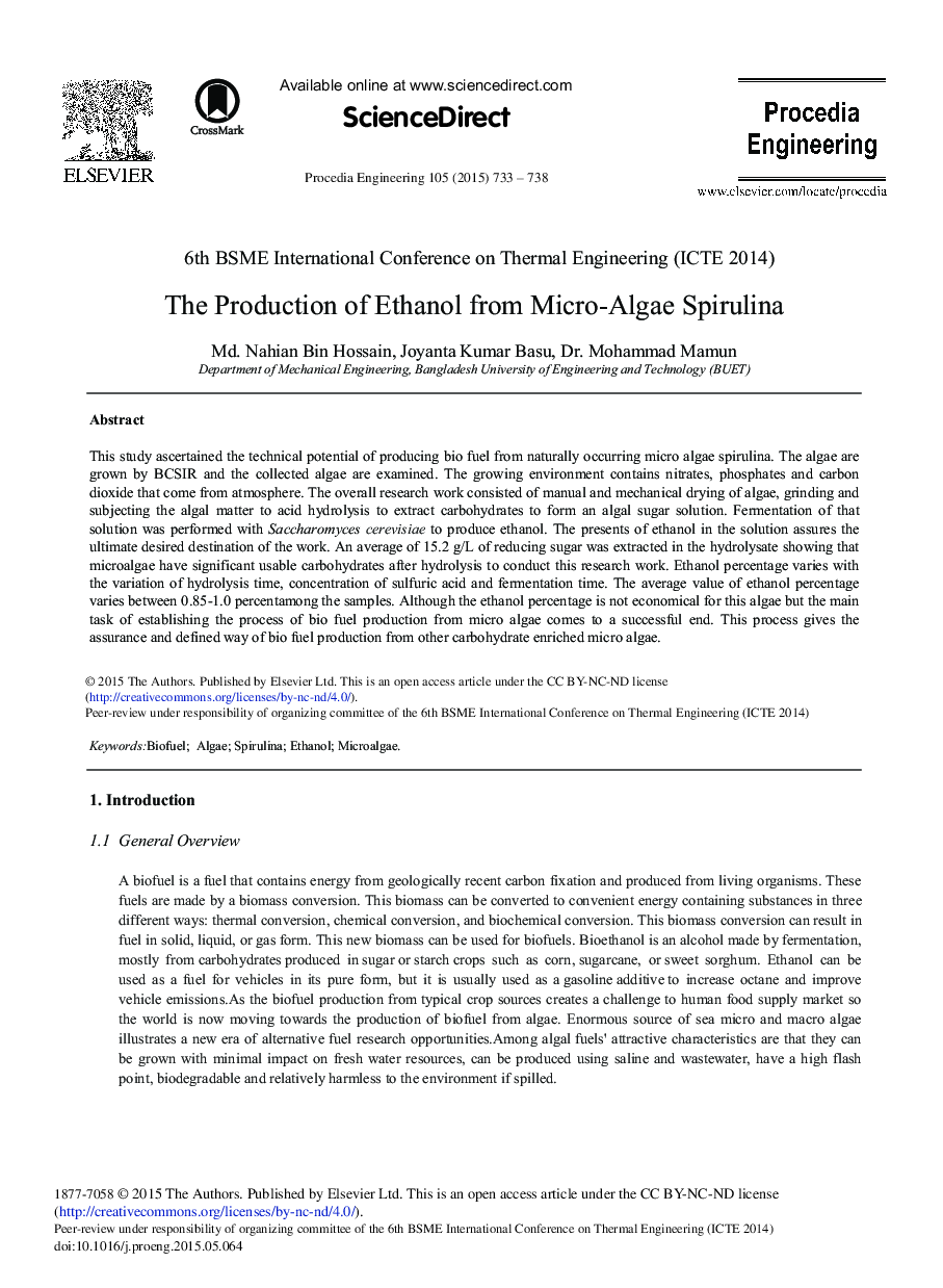 The Production of Ethanol from Micro-Algae Spirulina 