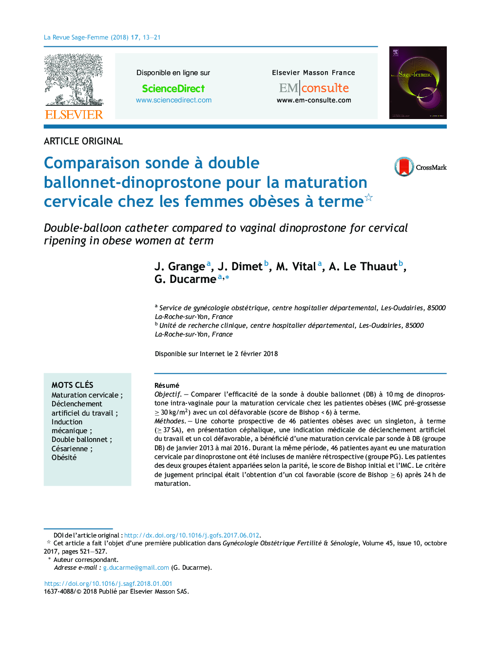 Comparaison sonde Ã  double ballonnet-dinoprostone pour la maturation cervicale chez les femmes obÃ¨ses Ã  terme