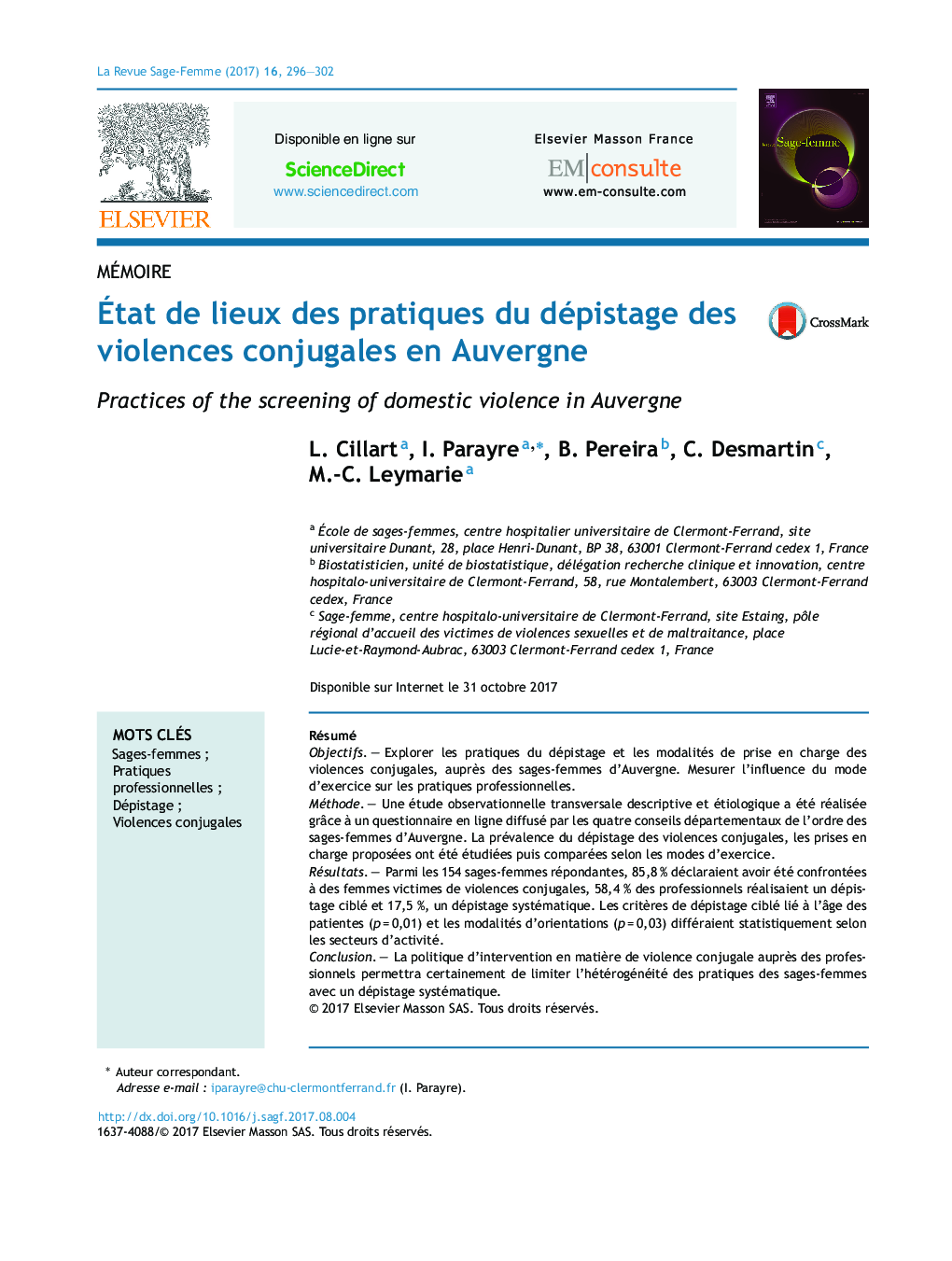 Ãtat de lieux des pratiques du dépistage des violences conjugales en Auvergne