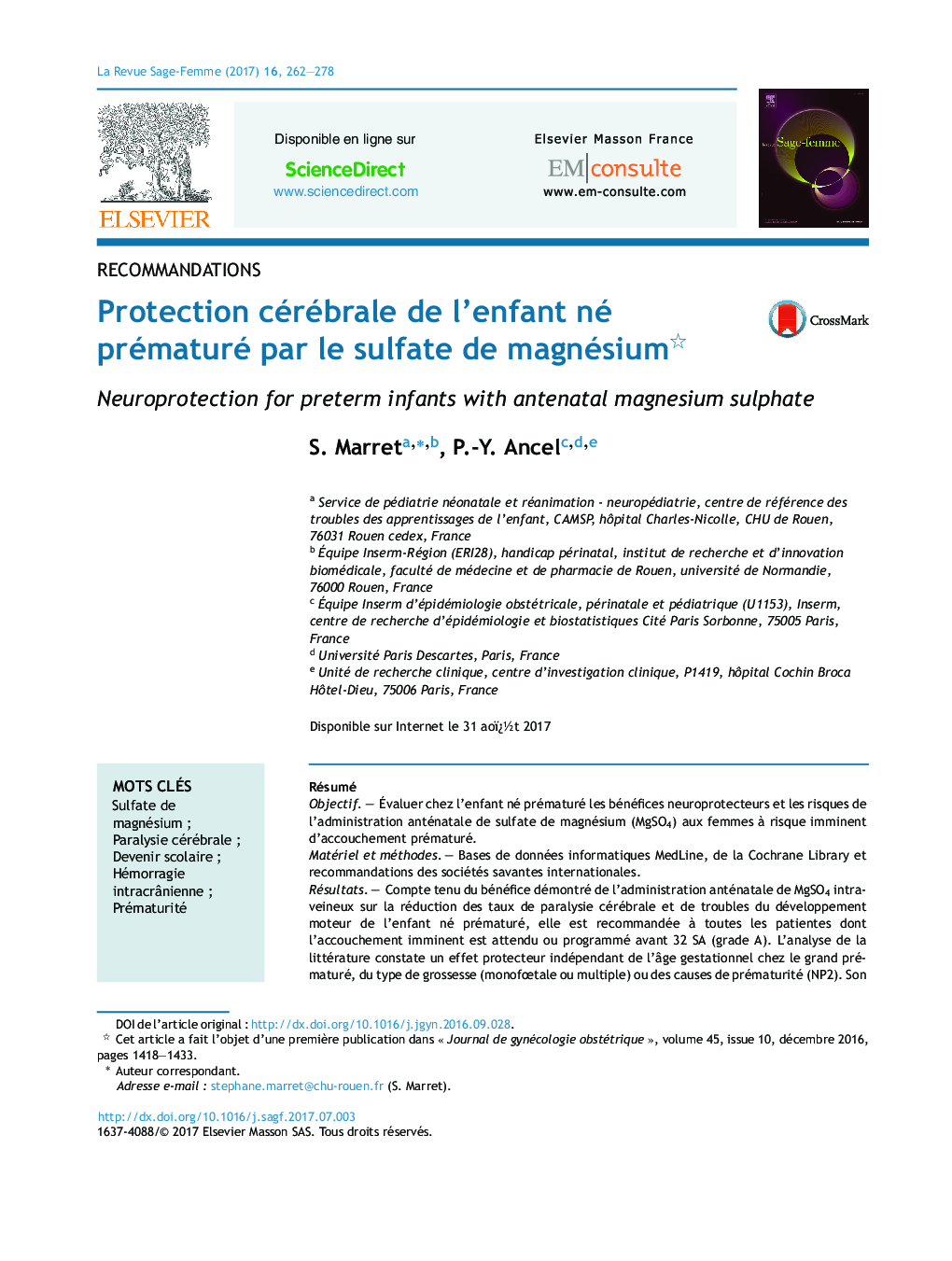 Protection cérébrale de l'enfant né prématuré par le sulfate de magnésium