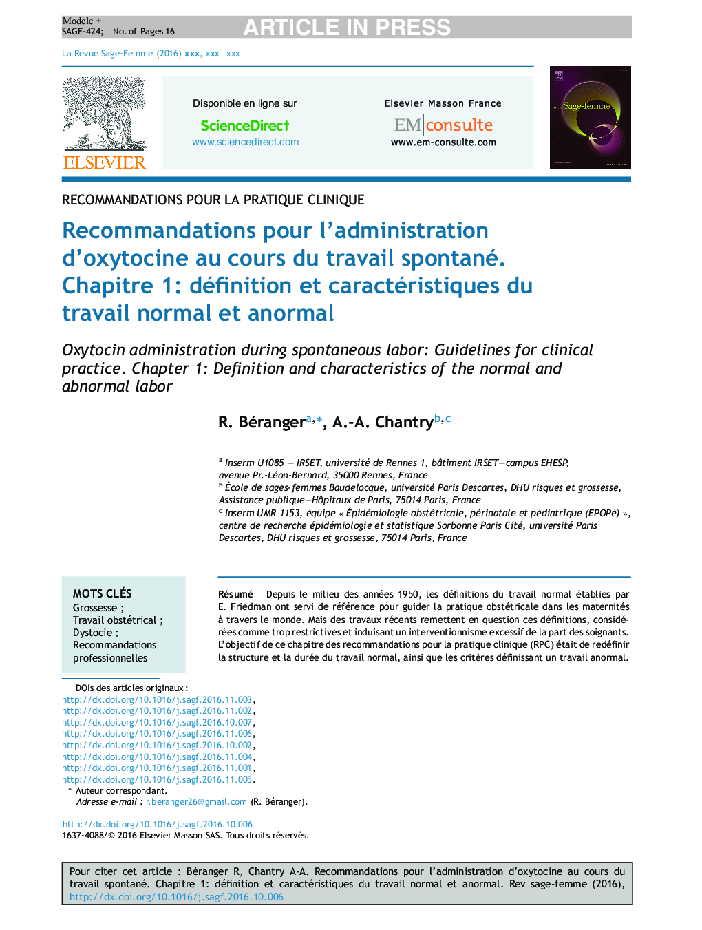 Recommandations pour l'administration d'oxytocine au cours du travail spontané. Chapitre 1: définition et caractéristiques du travail normal et anormal