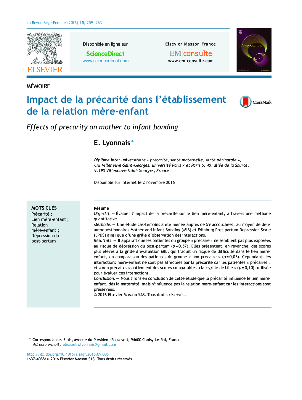 Impact de la précarité dans l'établissement de la relation mÃ¨re-enfant