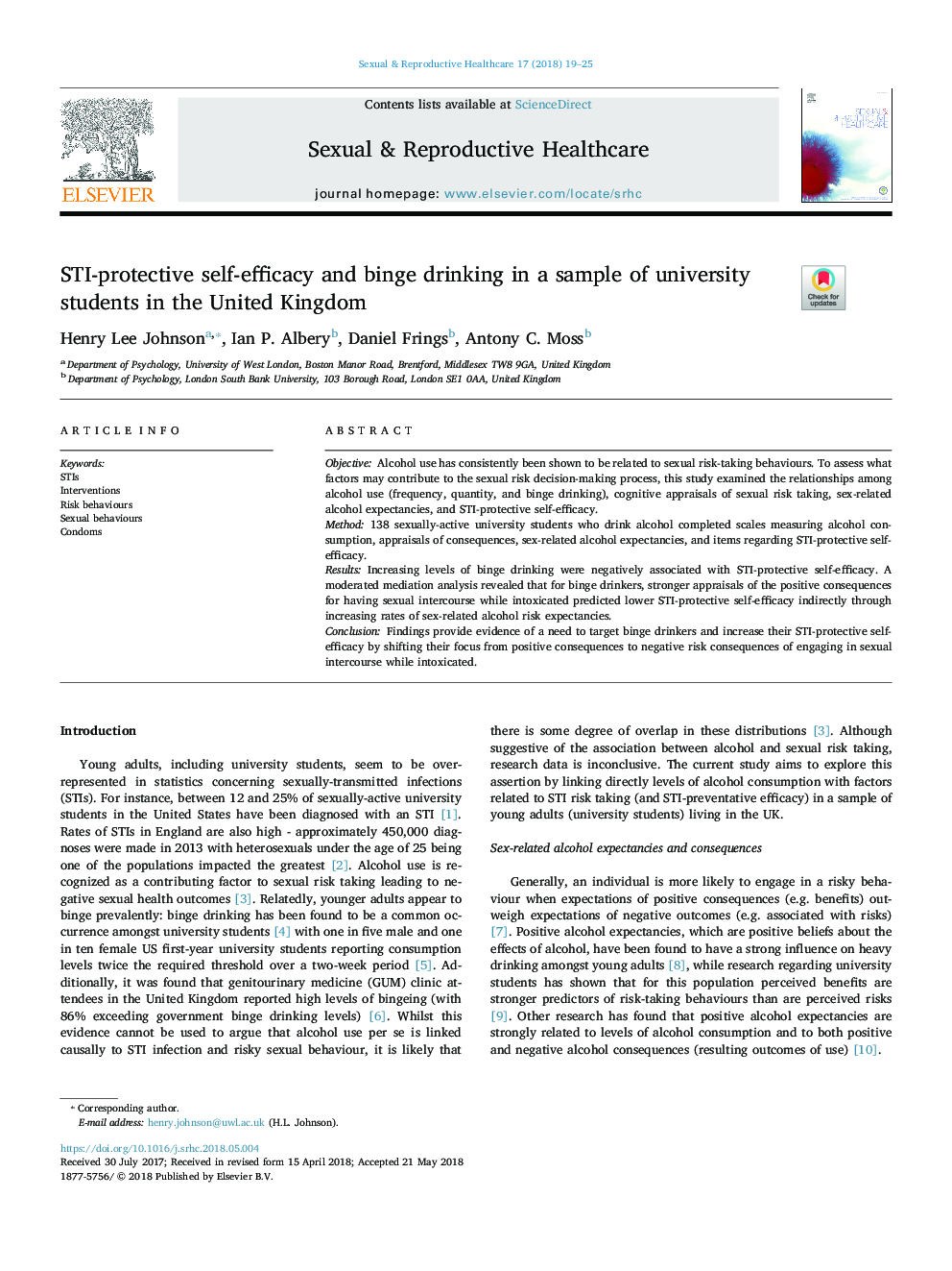 STI-protective self-efficacy and binge drinking in a sample of university students in the United Kingdom