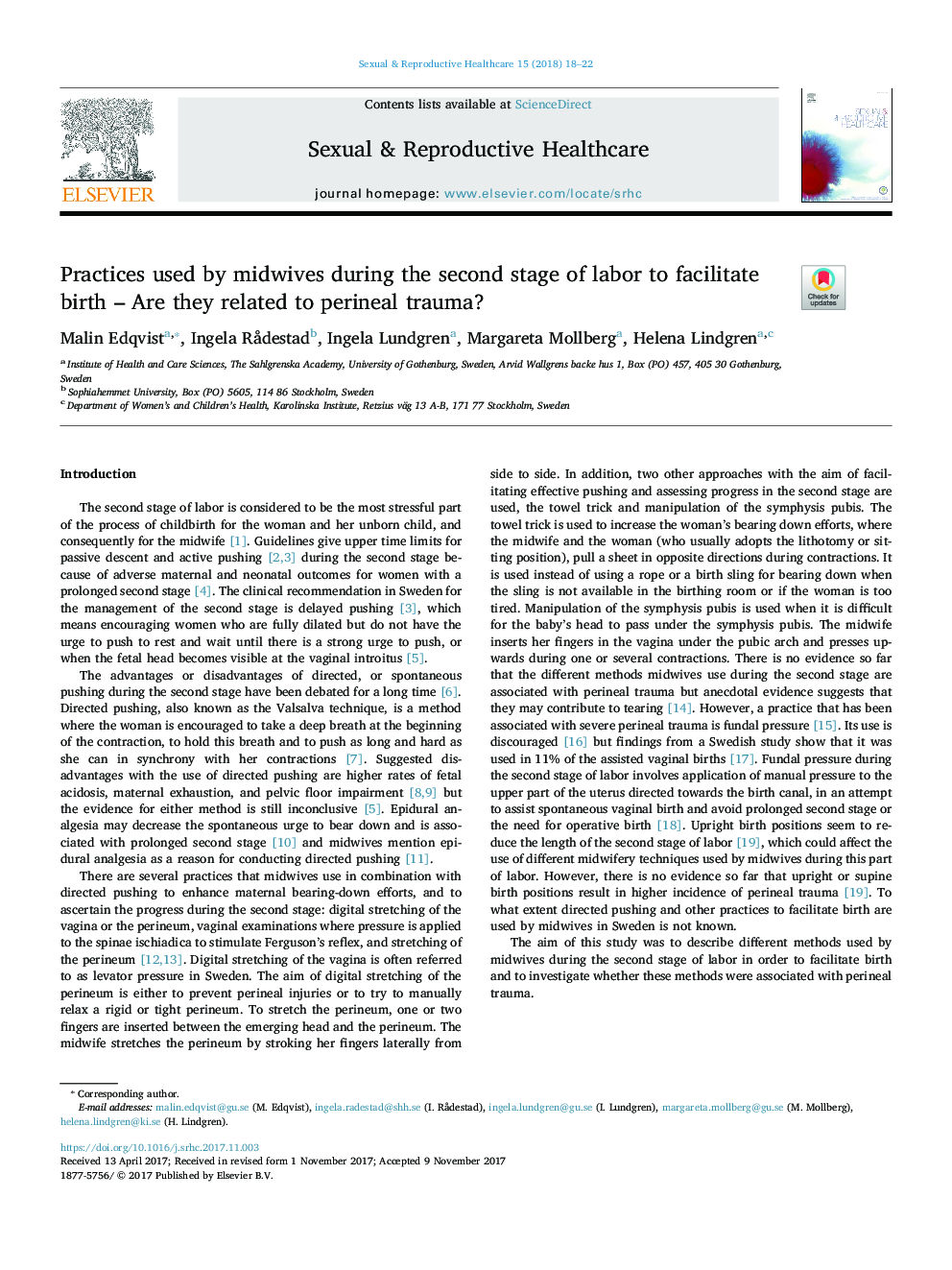 Practices used by midwives during the second stage of labor to facilitate birth - Are they related to perineal trauma?