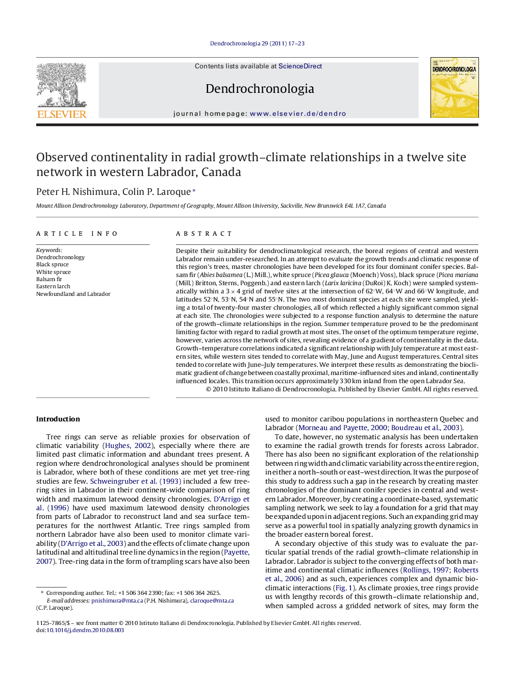 Observed continentality in radial growth–climate relationships in a twelve site network in western Labrador, Canada