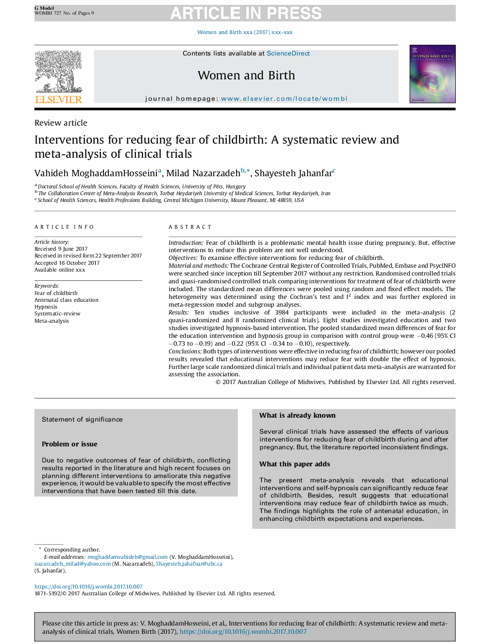 Interventions for reducing fear of childbirth: A systematic review and meta-analysis of clinical trials