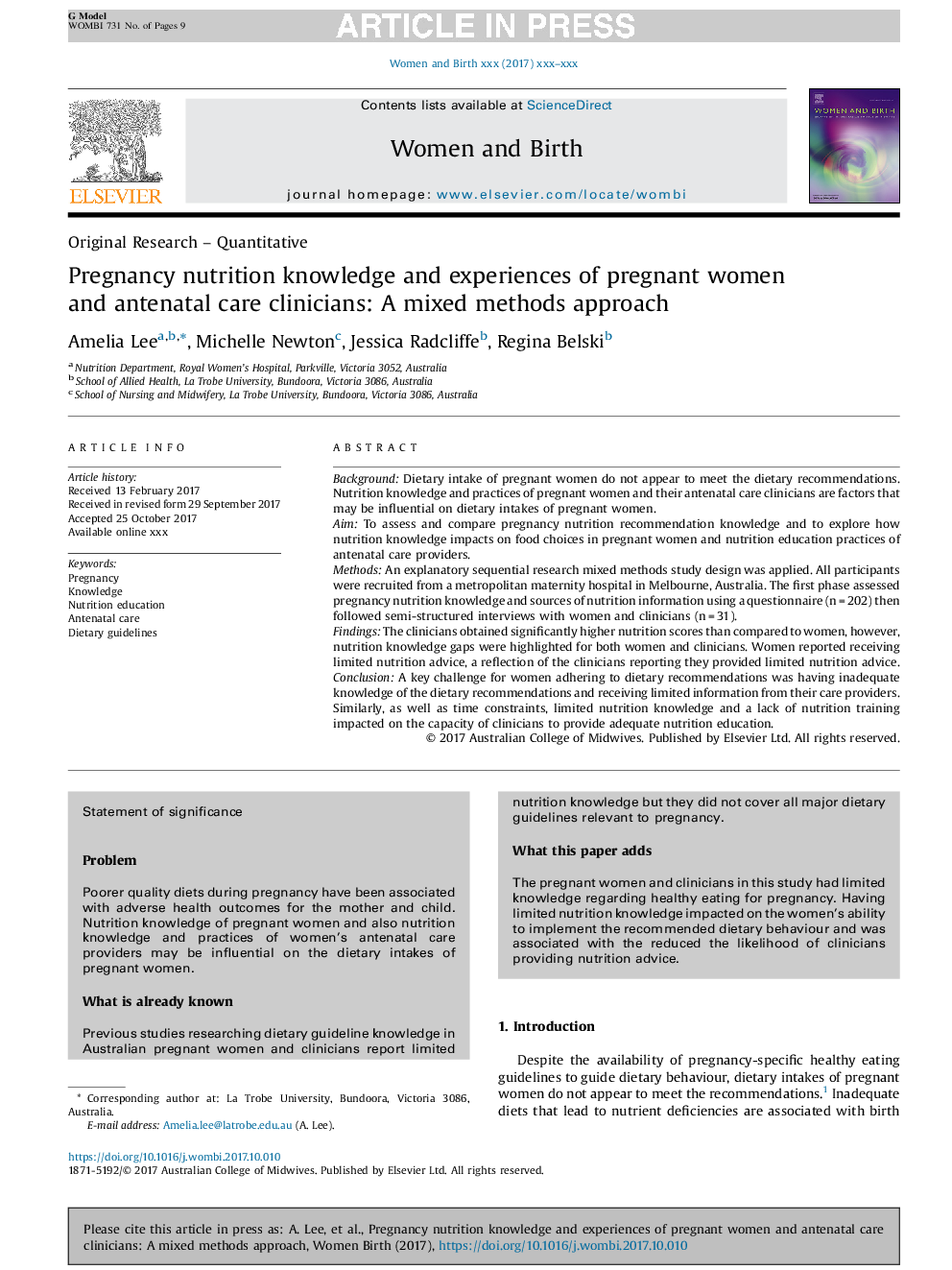 Pregnancy nutrition knowledge and experiences of pregnant women and antenatal care clinicians: A mixed methods approach