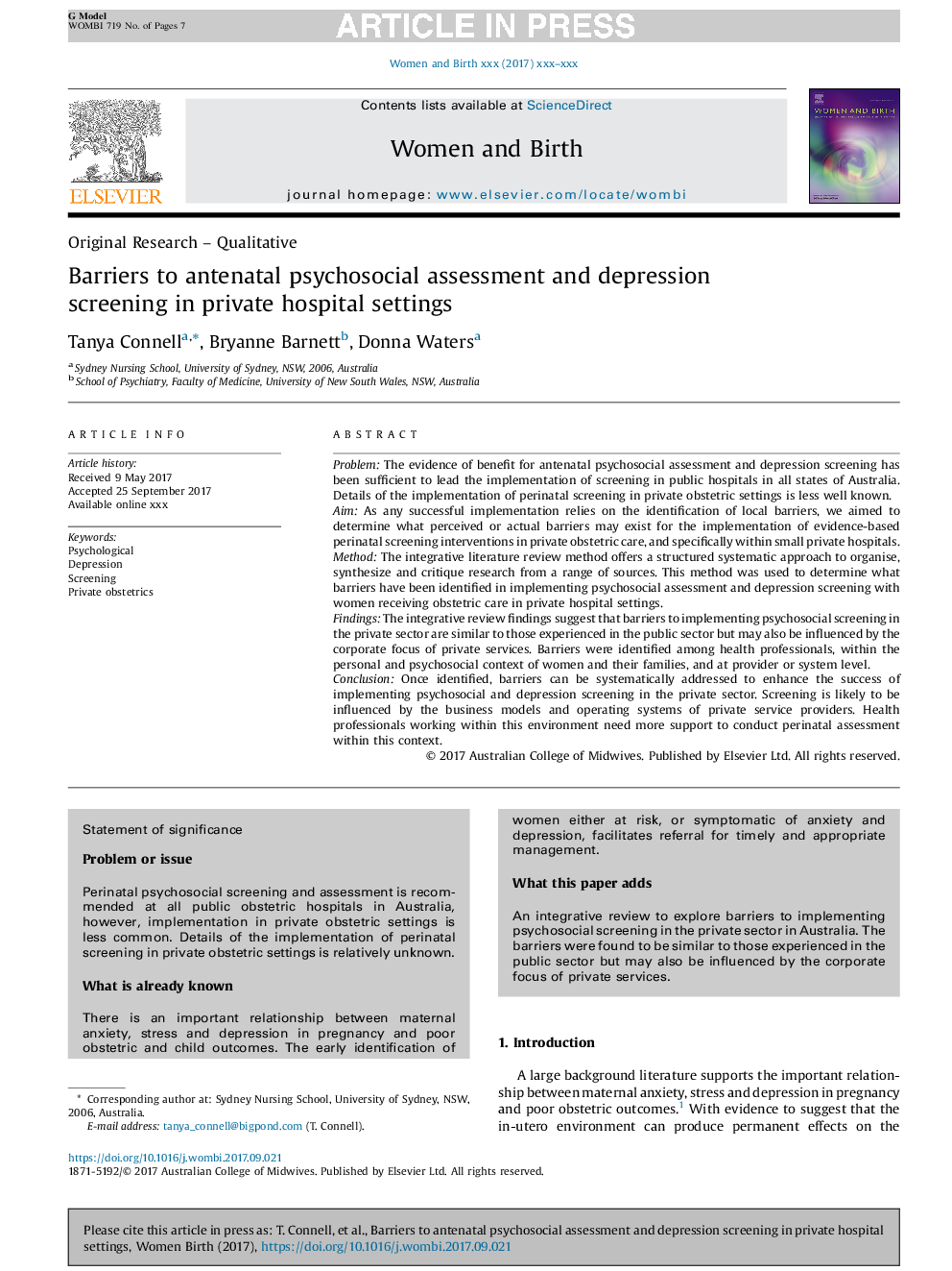 Barriers to antenatal psychosocial assessment and depression screening in private hospital settings