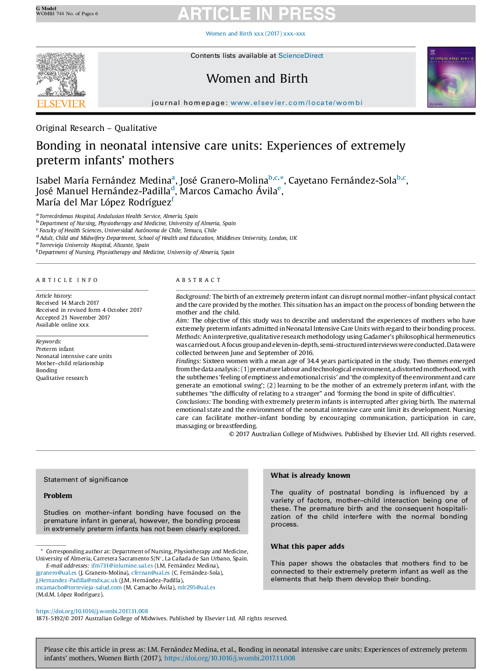 Bonding in neonatal intensive care units: Experiences of extremely preterm infants' mothers