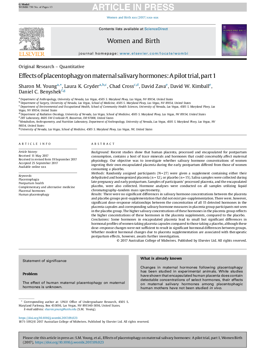 Effects of placentophagy on maternal salivary hormones: A pilot trial, part 1