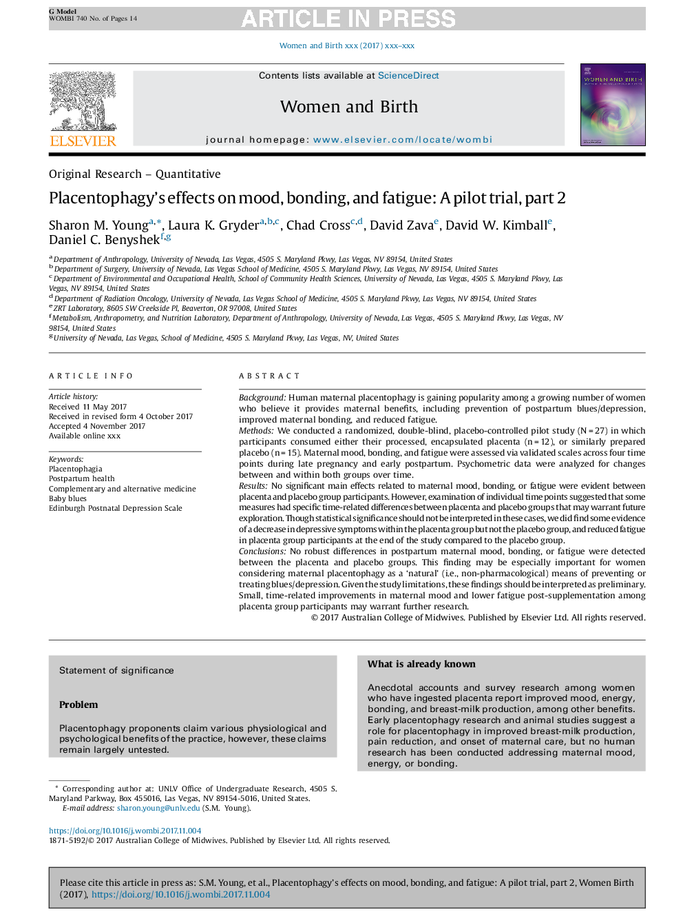 Placentophagy's effects on mood, bonding, and fatigue: A pilot trial, part 2