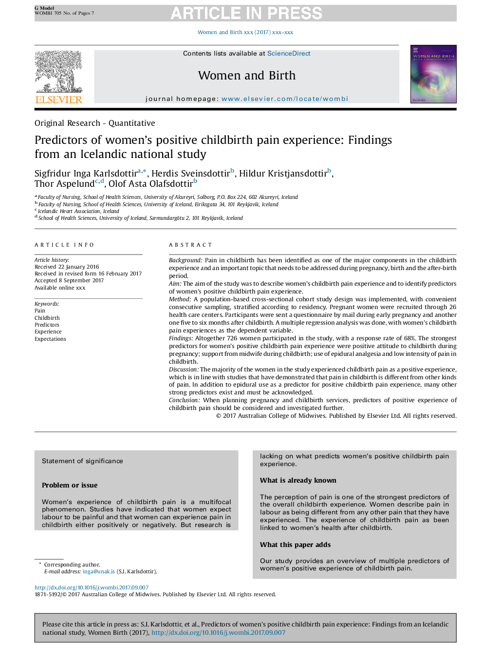 Predictors of women's positive childbirth pain experience: Findings from an Icelandic national study