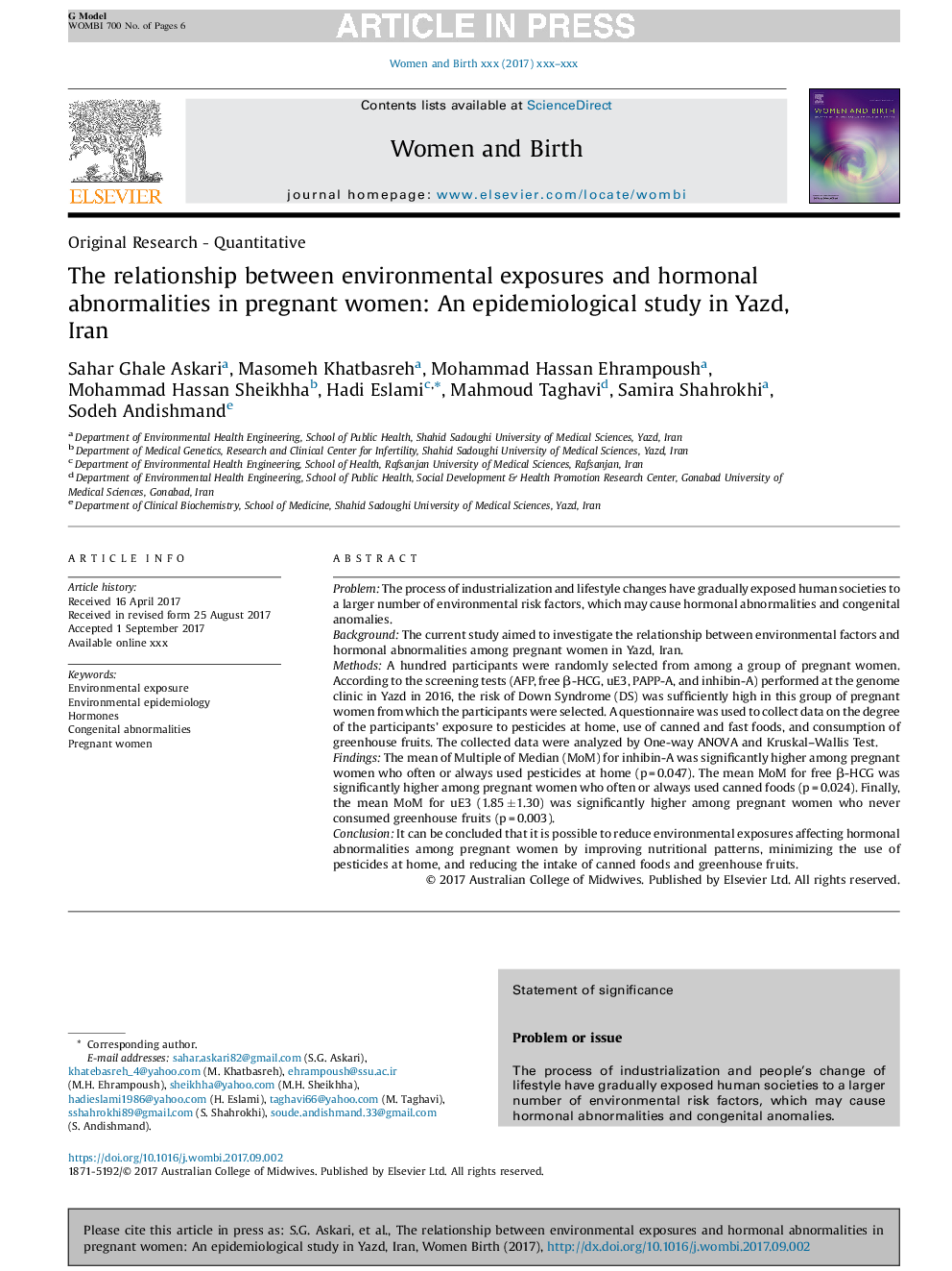 The relationship between environmental exposures and hormonal abnormalities in pregnant women: An epidemiological study in Yazd, Iran