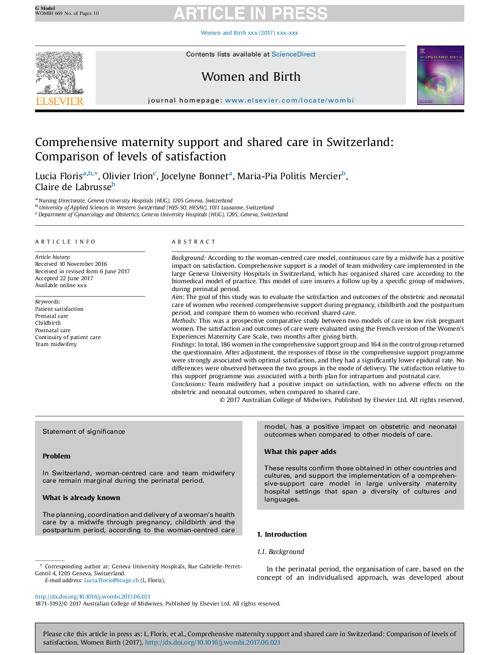 Comprehensive maternity support and shared care in Switzerland: Comparison of levels of satisfaction