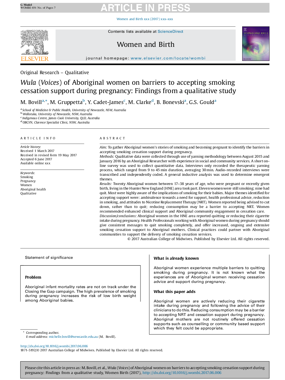 Wula (Voices) of Aboriginal women on barriers to accepting smoking cessation support during pregnancy: Findings from a qualitative study